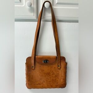 Vintage 60's Leather Handbag Boho Hippie Purse Tooled Lace Stitching